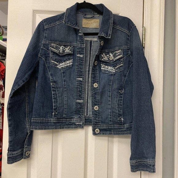 Rhythm in Blues Jackets & Blazers - Rhythm in Blues Womens Medium Button Up Jean Jacket Blue Embroidered